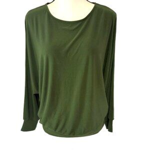 Susan Graver Stretchy Olive Green Batwing Round Neck Top Size M #1926